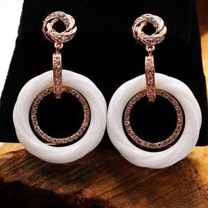 Double Circle CZ Hoop Pendant White Resin\Plastic Rose Gold Plated Drop Earrings